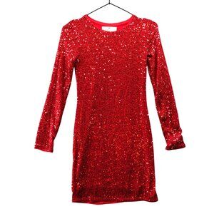 H&M Girls 12/14 Red Sequin Dress Long Sleeve Party Festive Formal Crewneck